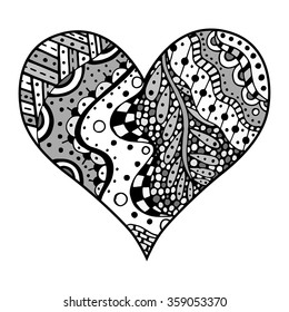 Hand drawn gray hearts in zentangle style. Pattern for coloring book. Coloring page for adult anti stress. Made by trace from sketch. Valentine's day background.