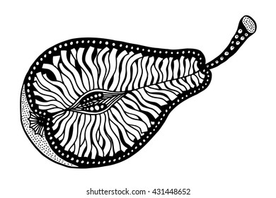 Hand drawn, gray ornamental pear. Vector illustration, isolated on white