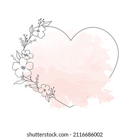 Flor de amapola gris dibujada a mano marco de corazón en un lindo estilo de doodle en color agua rosa salpicado de lavado húmedo. Lujo vectorial para invitaciones de boda, cumpleaños, impresión, tarjeta de agradecimiento. Copiar espacio para texto