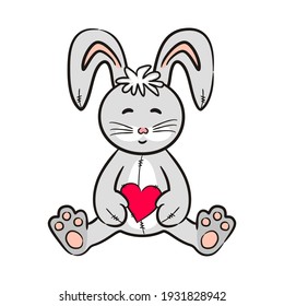 Hand drawn gray rabbit with a red heart. Vector illustration on the theme of love, easter and Valentine's Day. Hand made hare isolated on white background. Children's soft toy. Vector illustration