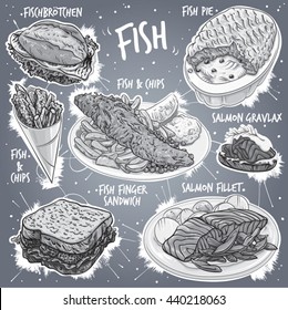 Hand drawn gray scale vector illustration of 7 popular types of Fish Food; Fish Pie, Fish and Chips, Fish & Chips in cone, Salmon Gravlax, Fish Finger Sandwich, Salmon Fillet and German Fish Sandwich.