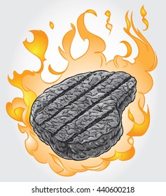 Hand drawn gray scale vector illustration of a grilled Beef Steak, Rib eye Steak in color flames.