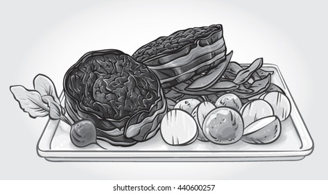 Hand Drawn Gray Scale Vector Illustration Of Bacon Wrapped Fillet Mignon Steaks With Potato, Green Beans And Radish On A Plate.