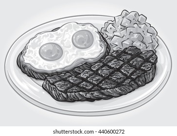 Hand drawn gray scale vector illustration of a "Steak and Eggs" dish with grilled steak, eggs over a bread slice and potato salad on a plate.
