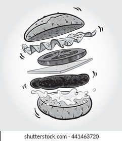 Hand drawn gray scale vector illustration of jumping Burger ingredients; burger bun, lettuce, tomato slice, cheese, meat, mayonnaise.