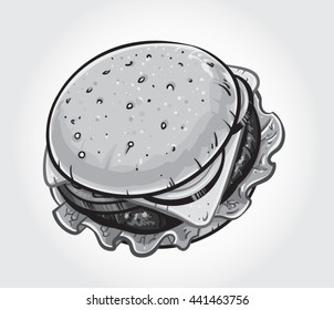 Hand drawn gray scale vector illustration of a Hamburger.
