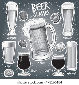 Hand drawn gray scale vector illustration of Beer and Beer Glass varieties with beer caps.