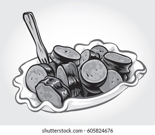 Hand drawn gray scale vector illustration of sliced Curry wurst.