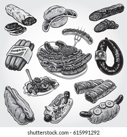 Hand drawn gray scale vector illustration of a set of sausage products.