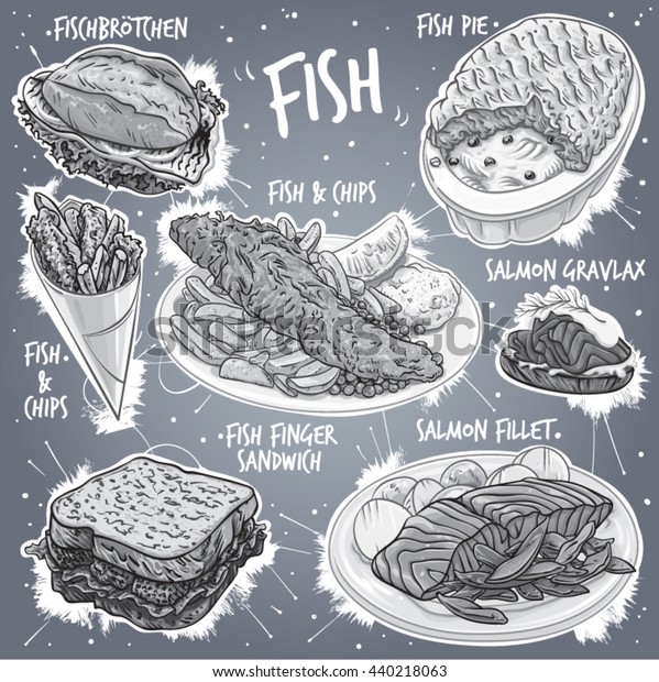 7種類の魚料理の手描きのグレースケールベクターイラスト 魚のパイ 魚のチップ 魚 のベクター画像素材 ロイヤリティフリー