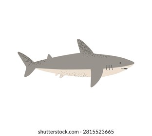 A hand drawn gray shark illustration, perfect for ocean, beach, and coastal themes. Flat style, children's designs, stickers, and educational.