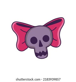 Hand drawn gray skull with pink bow. mystical attribute. Sweet horror. Halloween picture. Vector clipart in cartoon style. Illustration isolated on white background.