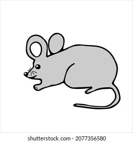 A Hand drawn gray vector illustration of a beautiful adult young mouse with a long tail isolated on a white background