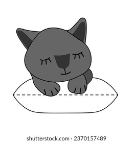 A Hand drawn gray vector illustration a portrait of a beautiful fun adult young cat is sleeping on a pillow on a white background