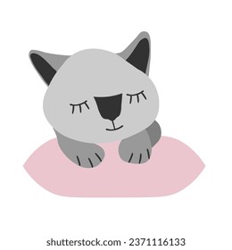 Hand drawn gray vector illustration a portrait of a beautiful fun adult young cat is sleeping on a pink pillow on a white background