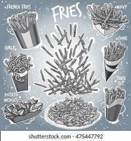  Hand drawn grayscale vector illustration of Fries, French Fries, Chips, French-fried Potato variations; wavy fries, curly fries, fries in cone, potato wedges, thick cut fries, fries on plate.