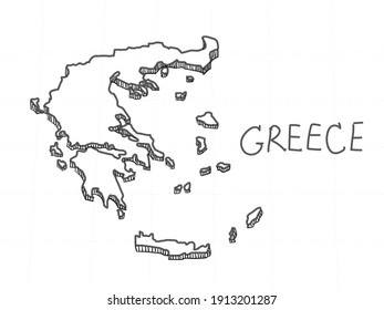 Hand Drawn of Greece 3D Map on White Background.