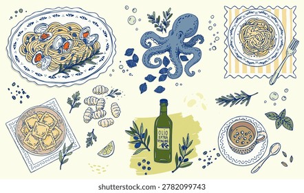 Hand drawn greece seafood and pasta illustration set with octopus, ravioli, spaghetti, olive oil and coffee. Decorative mediterranean food composition with rustic italian cuisine elements. Vector art