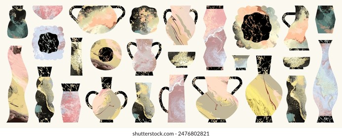 Hand drawn greek ceramic vases icon set isolated on white background. Abstract geometric ancient pottery with marble texture collection. Vector illustration