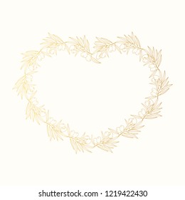 Hand drawn greek golden olive laurel wreath. Invitation gold heart shape frame. Vector isolated illustration.