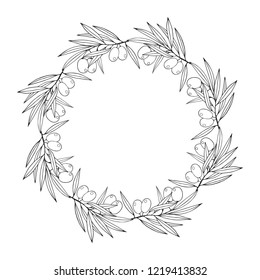 Hand drawn Greek olive laurel wreath. Branch invitation frame. Botanical border. Vector isolated illustration.
