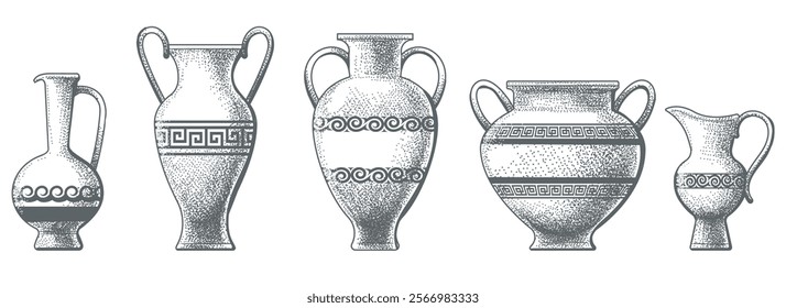 Hand drawn Greek vases. Engraving vases set isolated vector illustration