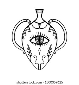 Hand drawn greek vessel with Eye of Providence, stylized tattoo symbol. Floral pattern. Boho alchemy symbol tattoo or sticker. Isolated editable EPS