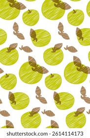 Hand drawn green apple seamless pattern on white background. Fruits packaging vector illustration 