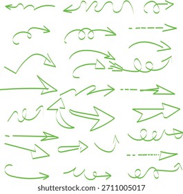 Hand drawn green arrow collection on white background for design elements.