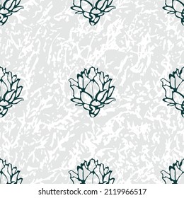 Hand drawn green artichoke buds in rows on a mottled pale gray and white background. Seamless repeat vector pattern. Great for fashion, textiles, surface textures, giftwrap, wallpaper.