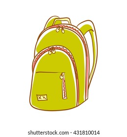 Hand drawn green backpack. Vector illustration of backpack. Backpack isolated on white. Rucksack, knapsack, haversack, satchel for travel, hiking, students, school.