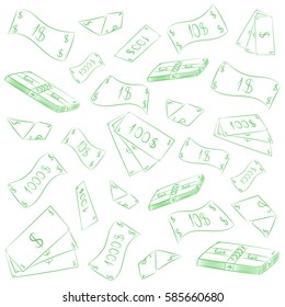 Hand Drawn Green Banknotes. Doodle Money Rain. Scribble Drawings of Cash. Vector Illustration.