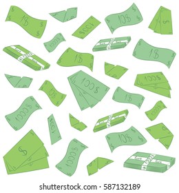 Hand Drawn Green Banknotes. Doodle Money Rain. Flat Drawings of Cash. Vector Illustration.