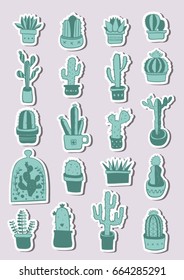 Hand drawn green cactus and succulent sticker set