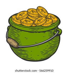 Hand drawn green cauldron sketch of the irish pot of gold and golden coins for St. Patrick's Day. Leprechaun treasure. Vector vintage hand drawn illustration.