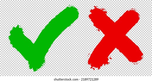 Hand drawn of Green check mark and Red cross isolated. Right and wrong icon. Vector illustration.