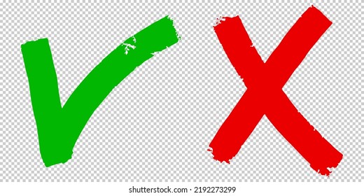 Dibujo manual de la marca de verificación verde y de la cruz roja aislada. Icono correcto e incorrecto. Ilustración vectorial.