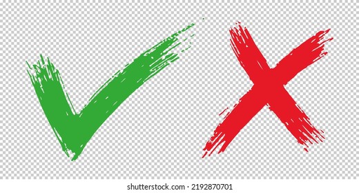 Dibujo manual de la marca de verificación verde y de la cruz roja aislada. Icono correcto e incorrecto. Ilustración vectorial.
