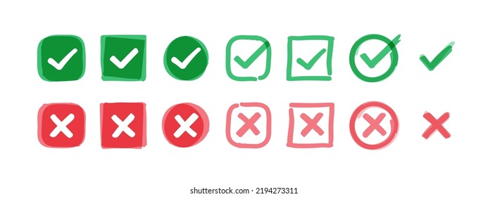 Hand Drawn Green Check Mark and Red Cross, Isolated Icon Set. Symbols in Square and Circles. Felt Tip Pen Tick Symbol in Green Color, X in Red, Vector Illustration.