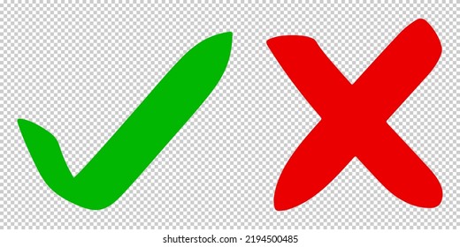 Dibujo manual de la marca de verificación verde y de la cruz roja aislada. Icono correcto e incorrecto. Ilustración vectorial.