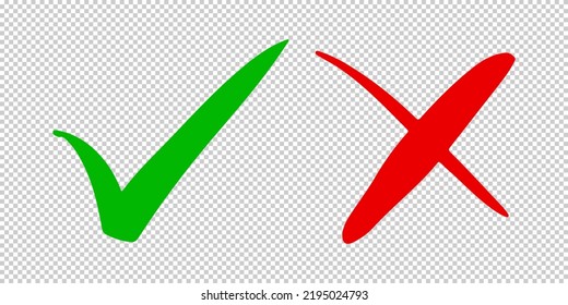 Hand drawn of Green check mark and Red cross isolated. Right and wrong icon. Vector illustration.