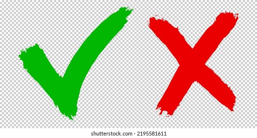 Handgezeichnet mit grünem Häkchen und rotem Kreuz einzeln. Das richtige und falsche Symbol. Vektorgrafik.