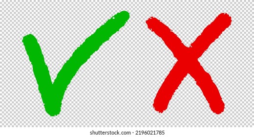 Hand drawn of Green check mark and Red cross isolated. Right and wrong icon. Vector illustration.