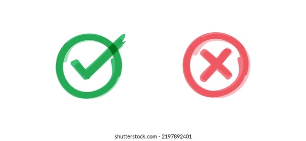 Hand Drawn Green Check Mark and Red Cross Set, Isolated on White Background. Felt Tip Pen Design.