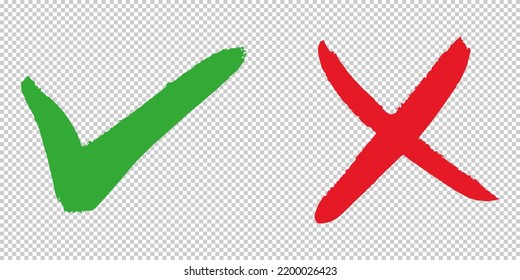 Dibujo manual de la marca de verificación verde y de la cruz roja aislada. Icono correcto e incorrecto. Ilustración vectorial.