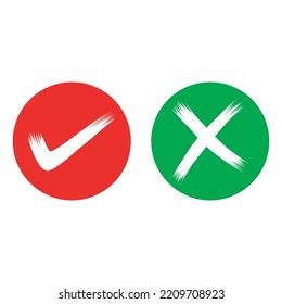 Dibujo manual de la marca de verificación verde y de la cruz roja aislada. Icono correcto e incorrecto. Ilustración vectorial.