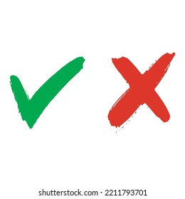 Hand drawn of Green check mark and Red cross isolated. Right and wrong icon. Vector illustration.