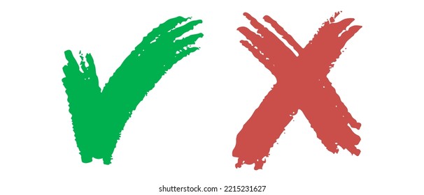 Dibujo manual de la marca de verificación verde y de la cruz roja aislada. Icono correcto e incorrecto. Ilustración vectorial.