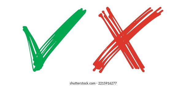 Hand drawn of Green check mark and Red cross isolated. Right and wrong icon. Vector illustration.
