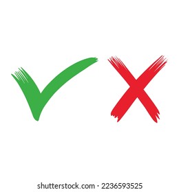 Hand drawn of Green check mark and Red cross isolated. Right and wrong icon. Vector illustration.
